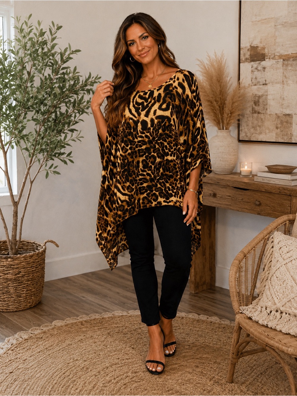 Ragdoll-Leopard Print Dolman Sleeve Tunic Top - High-Low Brown